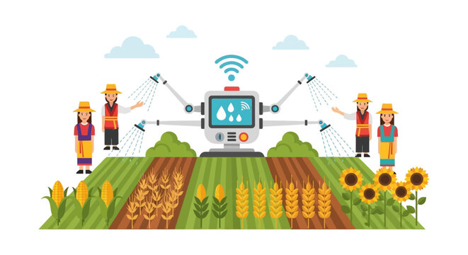 Smart Farming Robot and Farmers Illustration. Precision Agriculture Technology Managing Automated Crop Irrigation and Water Management System in the Field.