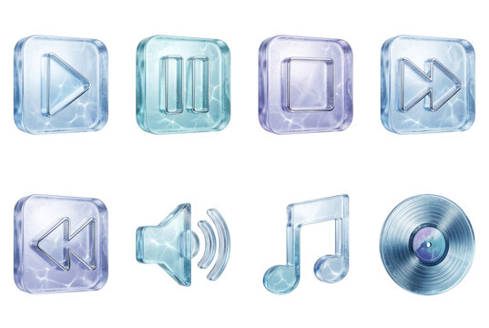 3D ice media player icons collection with play, pause, stop, skip, rewind, volume, note, and vinyl record. A set of eight 3D rendered media control icons crafted from ice, featuring play, pause, stop