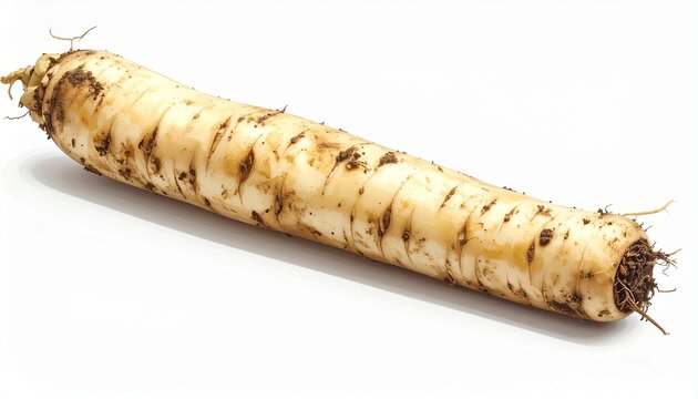 Salsify Root, long, cream-colored root with a fibrous surface, slight traces of soil, soft and irregular