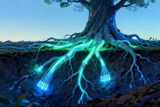 Digital Tree: This imaginative artwork combines nature and technology, with a magnificent tree whose roots are illuminated by vibrant fiber optic cables.