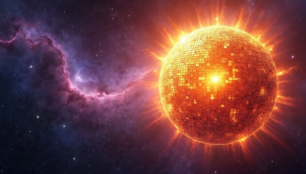 Cosmic sun mosaic glows with solar flares in deep purple nebula, star-filled night sky. Fiery sunball radiates intense heat, light. Abstract universe backdrop, celestial event wonder.