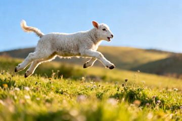 Obraz premium Playful Lamb's Joyful Leap: A fluffy, innocent lamb bounds with unrestrained glee across a sun-kissed meadow, embodying pure, unadulterated joy.