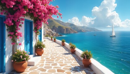 Fototapeta premium White house with blue doors overlooks blue sea and mountains. Pink flowers bloom on balcony walkway. Sailboats glide on ocean water under bright sunny sky. Island village scene.