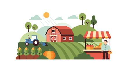 Fototapeta premium Farm to Market Illustration: Fresh Produce, Rural Landscape, and Sustainable Agriculture Concept