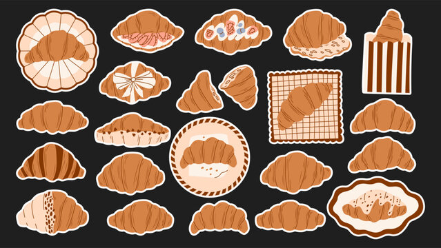 Modern retro vector sticker set of french croissants with berries, chocolate, on plate and napkin. Hand drawn icons with white stroke for bakery planner, cafe journal, pastry shop digital scrapbooking