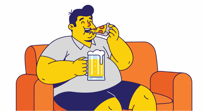 Overweight Man Eating Pizza and Drinking Beer on Sofa Illustration