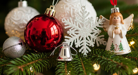 Obraz premium Close-up of festive Christmas ornaments and angel figurine on pine tree with soft bokeh lights