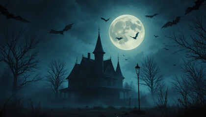Fototapeta premium A spooky Halloween night background featuring a haunted castle and house silhouette on a hill against a dark sky with a full moon, flying bats, and scary trees in a holiday vector illustration