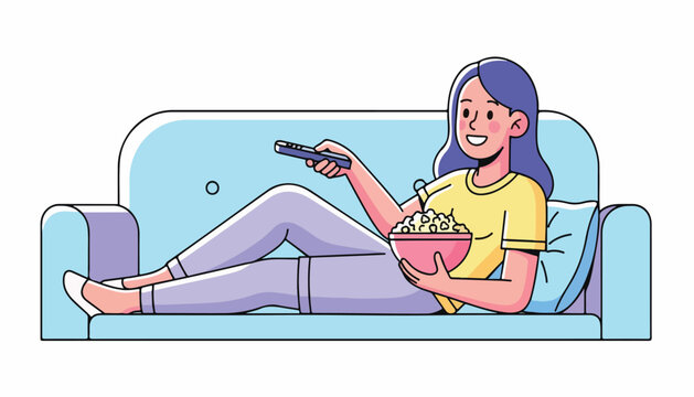 Happy Woman Relaxing on Sofa Watching TV with Popcorn Illustration