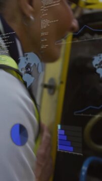 Vertical video: Tech holding handle, tapping screen buttons, showing charts and map for QA