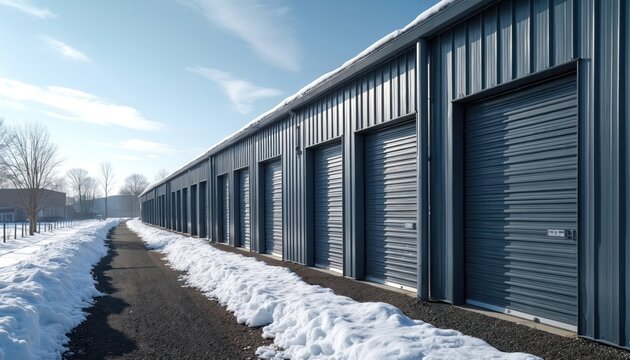 Long row of grey metal storage units with closed roll up doors sits empty beside snowy path on clear winter day. Facility offers secure individual spaces.
