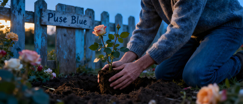 Planting Pluse Blue Rose: A Gardener Carefully Plants a Pluse Blue Rose, symbolising new growth, tender care, and the enduring beauty of nature.