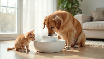 Golden retriever dog and ginger kitten share water from a fountain. Pets drink together indoors in sunlit room. Cute animals stay hydrated and healthy in bright home.