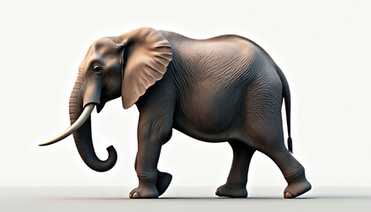 Fototapeta premium Large grey elephant walks on white background. Majestic pachyderm with tusks moves slowly. African or Asian wildlife animal, mammal, safari, zoo exhibit.