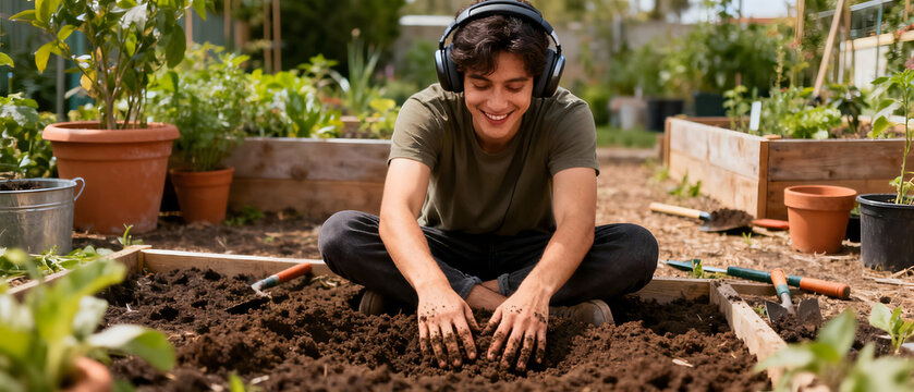 Gardening with Joy: A person with headphones joyfully tends to the soil in a lush garden, connecting with nature and finding peace in the simple act of nurturing life.