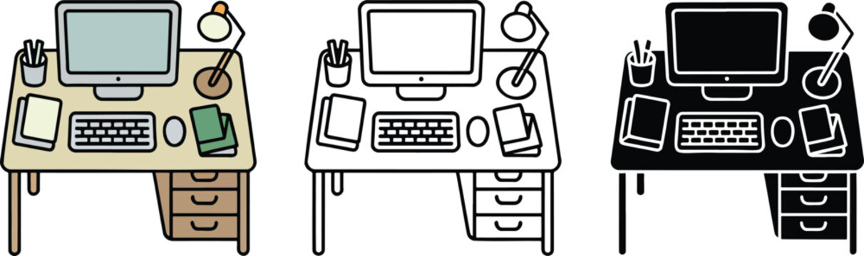Computer desk silhouette & Outline and illustration set isolated on transparent background