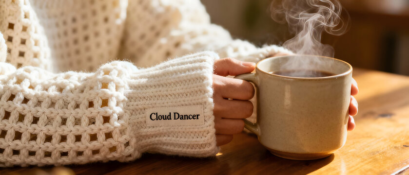 Cozy Morning Ritual: A warm and inviting scene, capturing the essence of a serene morning. A person, swathed in a comfortable sweater, holds a steaming mug of a hot beverage.