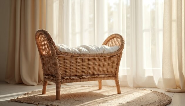 Woven wicker baby cradle with white bedding sits on textured rug before sheer curtains. Gentle light streams through window creating serene nursery atmosphere for newborn. Furniture piece cozy,