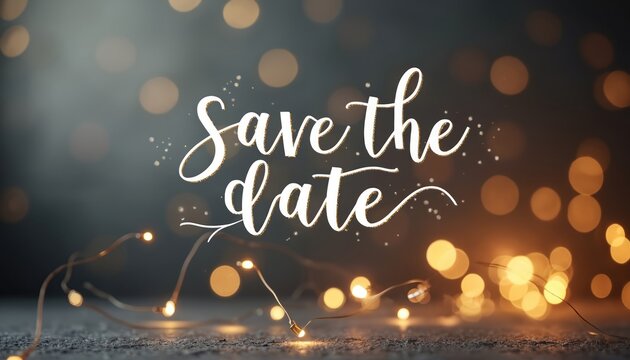 Save the date lettering on blurred warm lights bokeh background. Holiday string fairy lights glow, celebrate event, announcement card, party invite, wedding or birthday reminder.