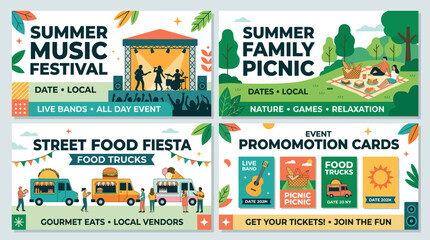Naklejka premium A summer outdoor festival featuring a set of advertising posters, a music event, a nature picnic with food trucks, promotional cards, placard background designs, templates, and isolated flat vector