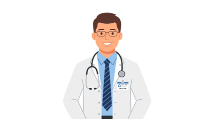 Fototapeta premium A cartoon vector portrait of a medical professional wearing a coat, shirt, tie, and stethoscope, depicted in a flat color style on a white background