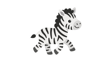 Fototapeta premium A charming and humorous zebra rendered in Scandinavian design, featuring a walking African infant animal, depicted as a colored flat vector illustration set against a white background