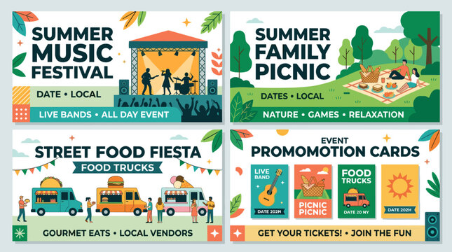 A summer outdoor festival featuring a set of advertising posters, a music event, a nature picnic with food trucks, promotional cards, placard background designs, templates, and isolated flat vector