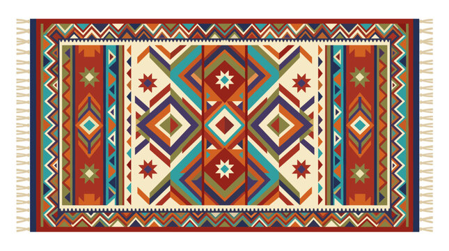 A traditional Moroccan kilim mat with a geometric, multicolored pattern, accompanied by an Oriental Arab vintage long rectangle carpet with fringe, all depicted as a flat graphic vector illustration