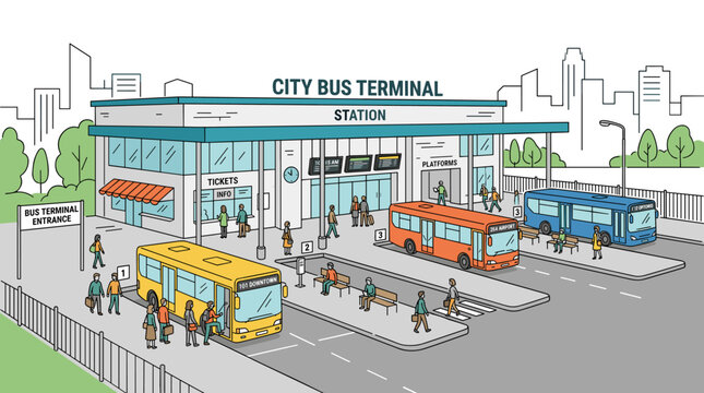Flat-style line art illustration of a bus terminal station