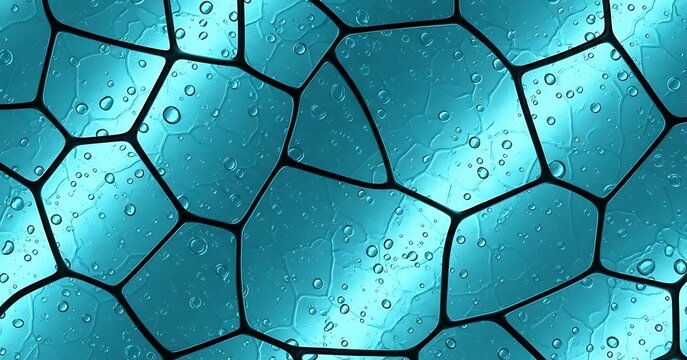 Blue hexagonal cells with water droplets on surface closeup texture