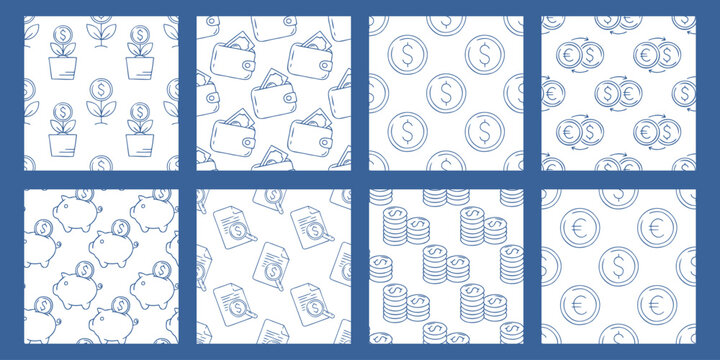 Financial seamless patterns set with money icons. Blue line vector backgrounds with coins, piggy bank, business elements for banking, investment, savings, real estate. Minimalist hand drawn collection