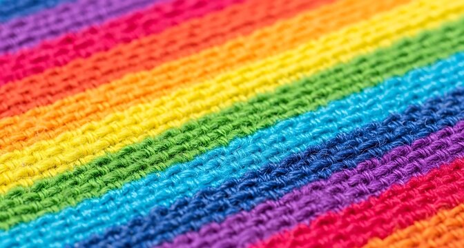 Vibrant rainbow colored crochet pattern with multicolored stripes and texture closeup