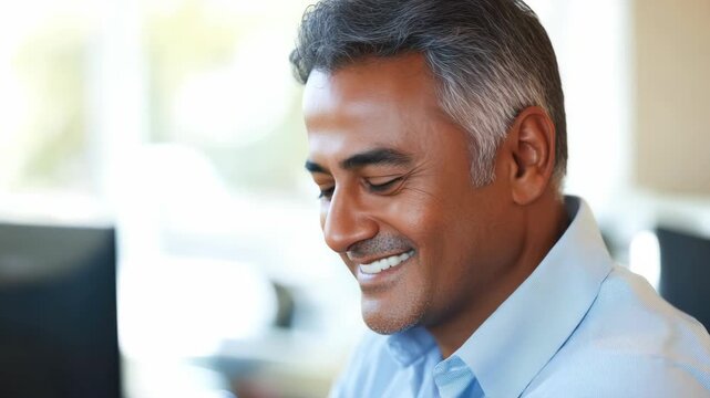 Middle-aged man smiling at the camera, office background.
