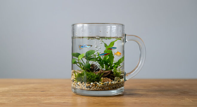 Miniature nano aquarium in a glass mug with tropical fish and live plants
