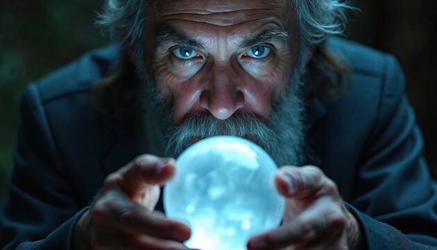 Old man with grey beard peers intensely into glowing crystal ball. He holds sphere with both hands, focused gaze. Foresight, destiny, magic, prediction, occult themes.