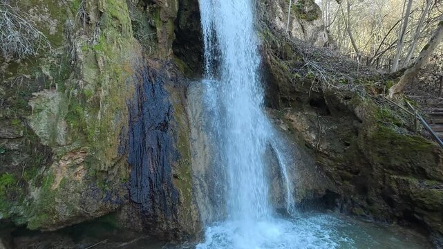 Side View of Forest Waterfall . Ozren Mountain, Sokobanja region (Ripaljka Waterfall). Balkans, Serbia.