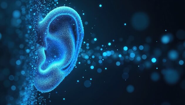 Abstract 3D human ear made of glowing blue particles. Digital sound waves flow around, representing data transmission and hearing technology concepts. Modern futuristic bio-tech.