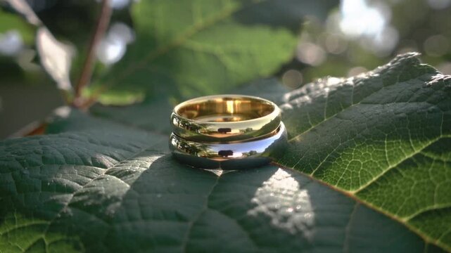 Ring wedding band on green leaves in soft sunlight, shallow depth of field and natural texture background with romantic outdoor atmosphere for