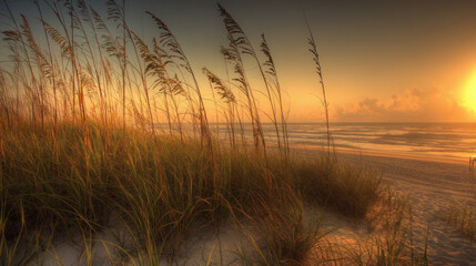 Obraz premium landscape at sunset with tall beach grass swaying in breeze illuminated by golden light fluffy seed heads glowing gentle waves washing sandy shore with copy space coastal landscape, sunset glow, 