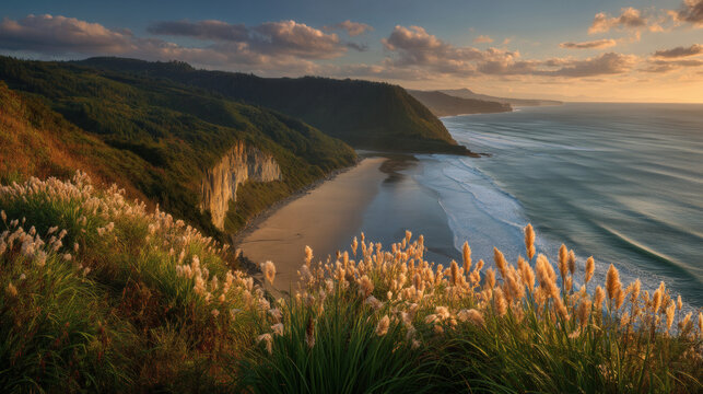 landscape at sunset with tall beach grass swaying in breeze illuminated by golden light fluffy seed heads glowing gentle waves washing sandy shore with copy space coastal landscape, sunset glow, 