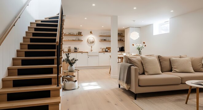 Cozy basement living room with kitchenette and inviting sofa area, light wood floors, interior design