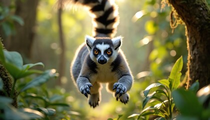 Fototapeta premium Ring-tailed lemur leaps through lush green forest. Monkey with striped tail and orange eyes moves agilely in natural habitat. Creature jumps between trees in wild jungle environment.
