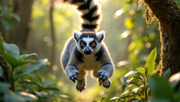 Ring-tailed lemur leaps through lush green forest. Monkey with striped tail and orange eyes moves agilely in natural habitat. Creature jumps between trees in wild jungle environment.