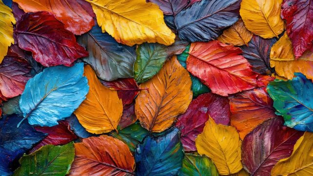 Autumn leaves in various vibrant colors arranged in a grid pattern.