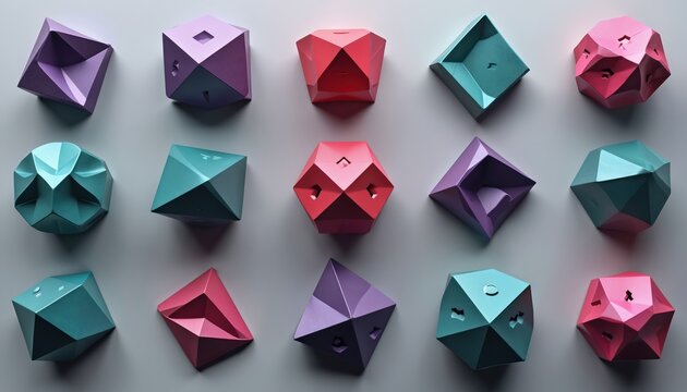 Collection of geometric polyhedral dice in pink, purple, teal, and red colors. Various shapes like d4, d6, d8, d10, d12, d20 are arranged on a light grey background. Abstract digital art.