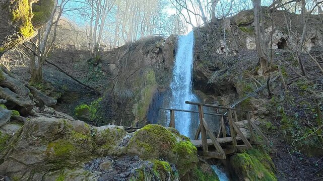 Forest Waterfall with Wooden Platform and Moss. Ozren Mountain, Sokobanja region (Ripaljka Waterfall). Balkans, Serbia.