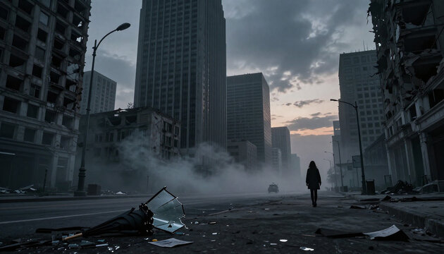 Solitary Walker Through Ruined City