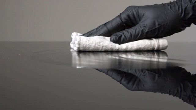 Gloved hand holding a folded white cloth with sharp crease texture over a dark reflective table, ready for hygiene cleaning or medical use