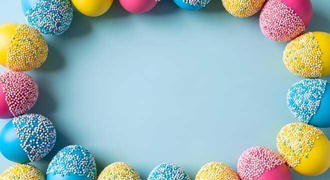 Colorful Easter eggs border on blue background