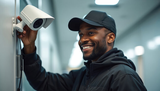 Black man smiles while installing white security camera on wall. Technician wears black cap and jacket, connects device for surveillance. He works indoors in a modern office hallway.